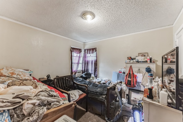 carpeted bedroom featuring ornamental molding and a textured ceiling