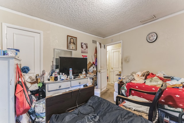 carpeted bedroom featuring a textured ceiling and crown molding