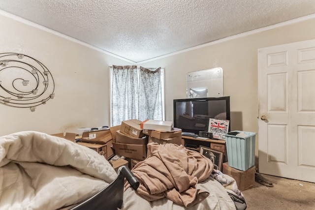 carpeted living room featuring crown molding and a textured ceiling