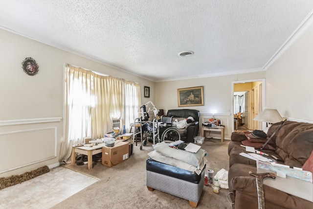 carpeted living room featuring crown molding and a textured ceiling