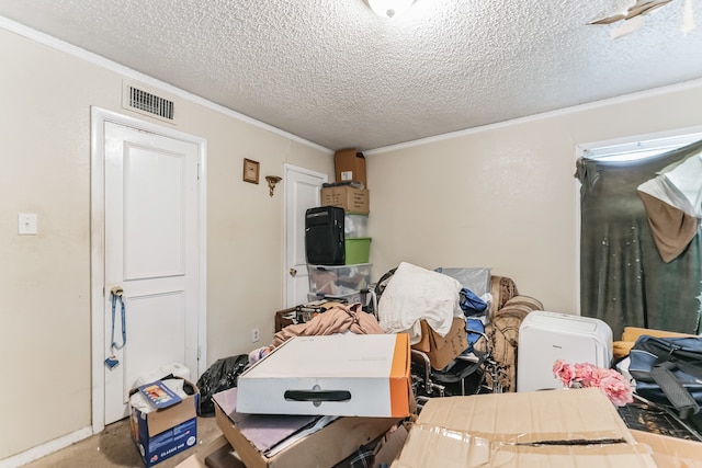 home office featuring crown molding and a textured ceiling