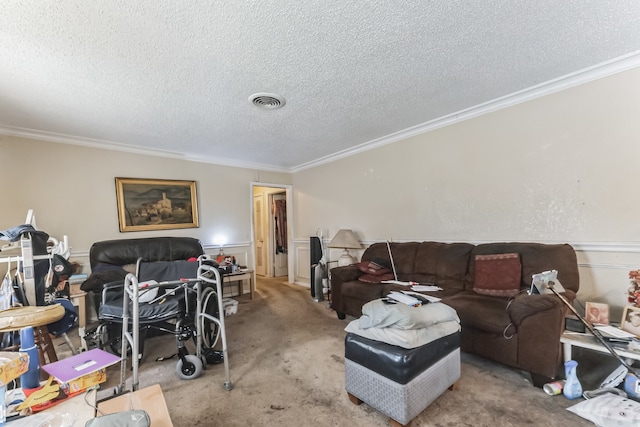 carpeted living room featuring a textured ceiling and ornamental molding