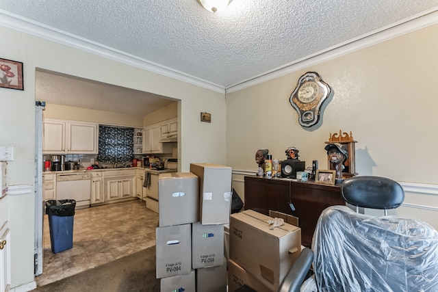 interior space with a textured ceiling and ornamental molding