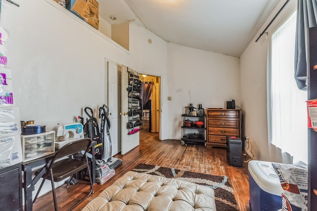 home office featuring dark hardwood / wood-style flooring, a wealth of natural light, and high vaulted ceiling