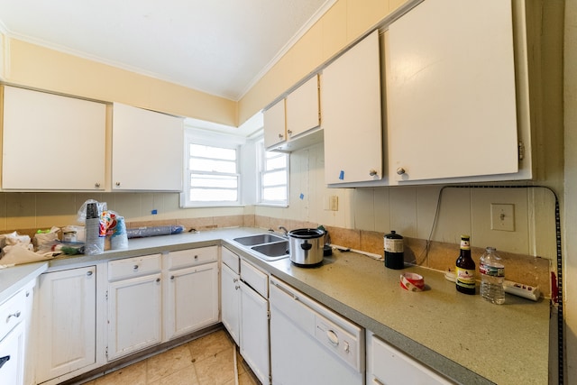 kitchen featuring dishwasher, white cabinets, and ornamental molding