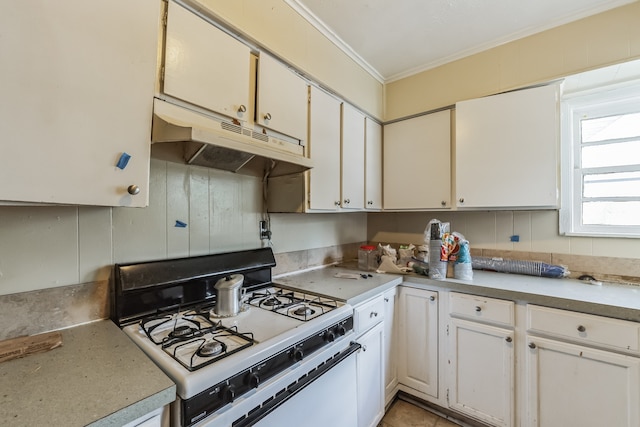 kitchen with white cabinetry, white gas range oven, and ornamental molding