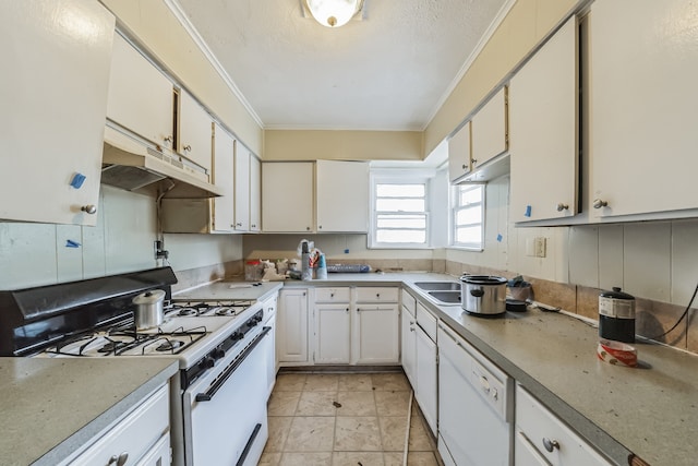 kitchen with white cabinets, white appliances, and ornamental molding