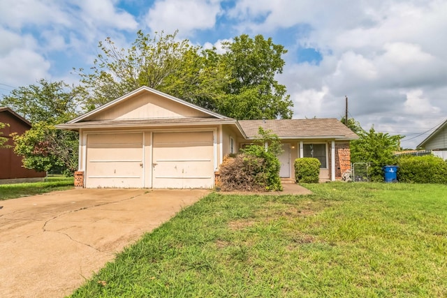 ranch-style house with a garage, driveway, brick siding, and a front yard