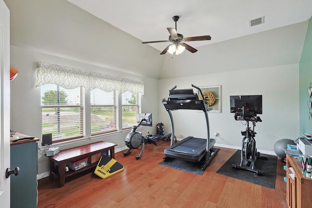 workout room with lofted ceiling, hardwood / wood-style floors, and ceiling fan