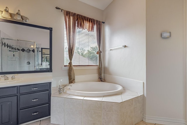 bathroom with vanity, separate shower and tub, and tile patterned flooring