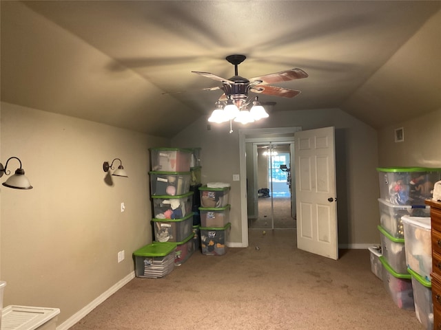 playroom with carpet, lofted ceiling, and ceiling fan