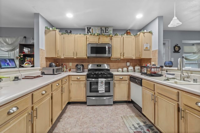 kitchen featuring light tile patterned flooring, light brown cabinets, tasteful backsplash, stainless steel appliances, and sink