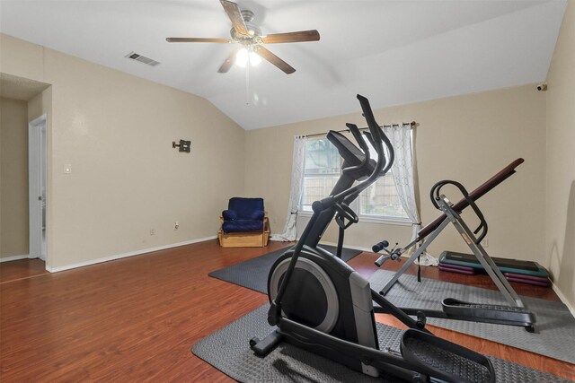 exercise area featuring hardwood / wood-style flooring, lofted ceiling, and ceiling fan