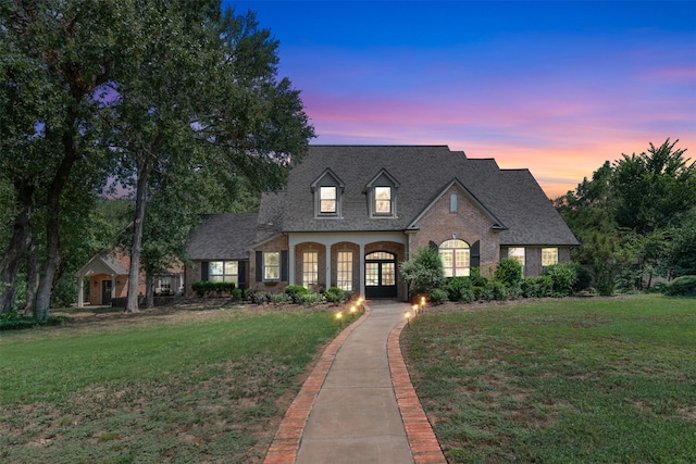 french country style house featuring a lawn