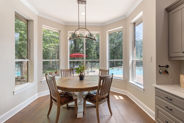 dining space with crown molding, plenty of natural light, and dark hardwood / wood-style floors