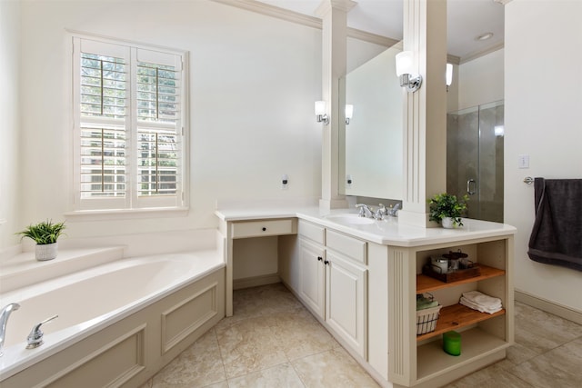 bathroom featuring plus walk in shower, tile patterned flooring, crown molding, and vanity