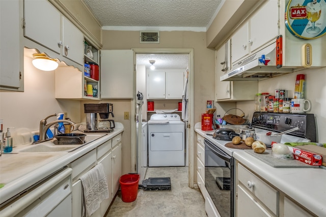 kitchen featuring white appliances, white cabinets, a textured ceiling, sink, and crown molding