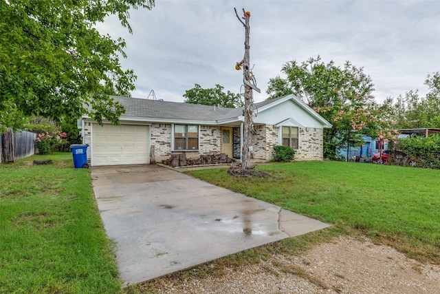 ranch-style home with a front lawn and a garage