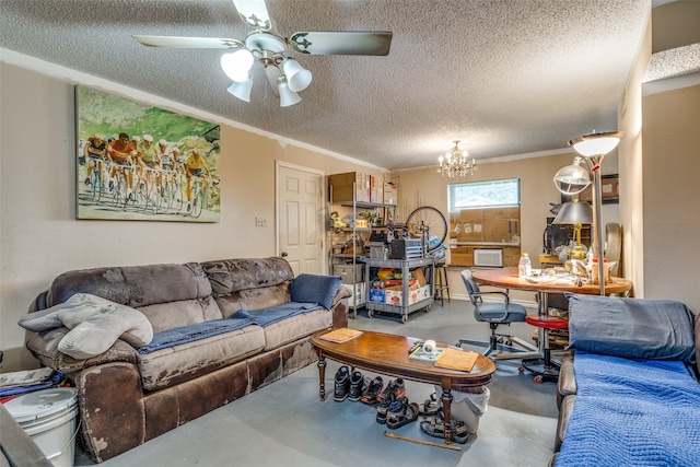 living room with ceiling fan with notable chandelier, a textured ceiling, ornamental molding, and concrete flooring