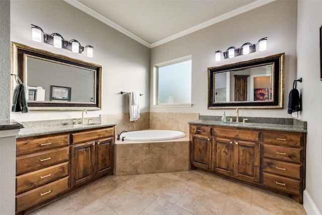 bathroom with vanity, crown molding, a relaxing tiled tub, and tile patterned flooring