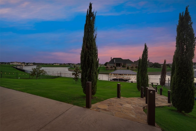 exterior space with a water view