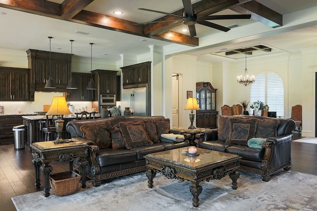 living room featuring beamed ceiling, coffered ceiling, dark hardwood / wood-style floors, ceiling fan with notable chandelier, and crown molding