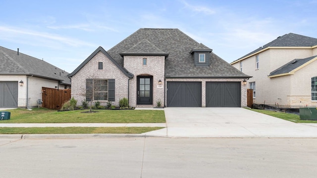 french country style house with cooling unit, a garage, and a front lawn