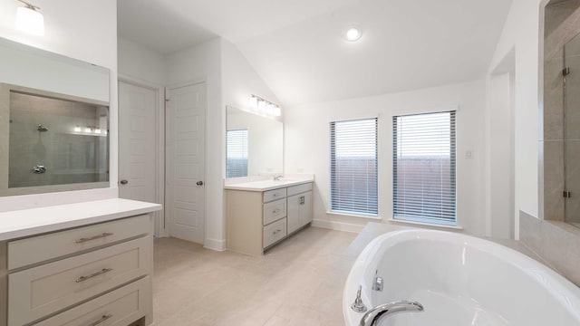 bathroom featuring vanity, plus walk in shower, and vaulted ceiling