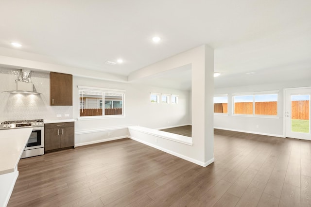 kitchen with tasteful backsplash, a wealth of natural light, wall chimney range hood, and stainless steel gas range