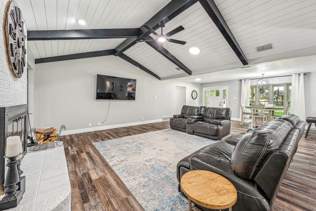 living room featuring wood ceiling, ceiling fan with notable chandelier, lofted ceiling with beams, a fireplace, and dark hardwood / wood-style floors