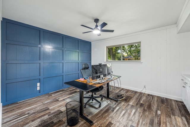 office space with wood walls, dark hardwood / wood-style floors, and ceiling fan