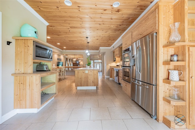 kitchen featuring light tile patterned floors, stainless steel appliances, wood ceiling, and a kitchen island