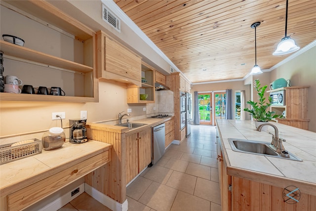 kitchen with hanging light fixtures, tasteful backsplash, sink, and stainless steel dishwasher