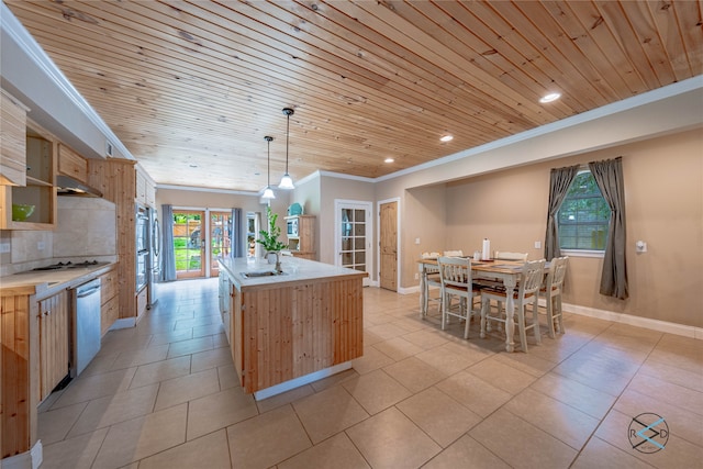 kitchen with decorative light fixtures, stainless steel dishwasher, tasteful backsplash, a kitchen island, and wood ceiling