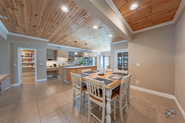 dining space with light tile patterned flooring, wood ceiling, and ornamental molding