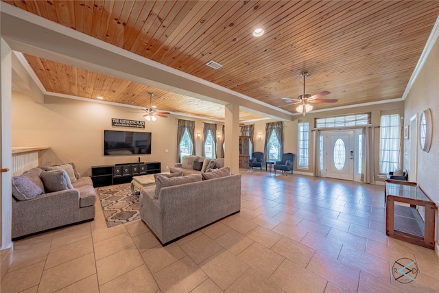 living room featuring plenty of natural light, ceiling fan, ornamental molding, and wooden ceiling