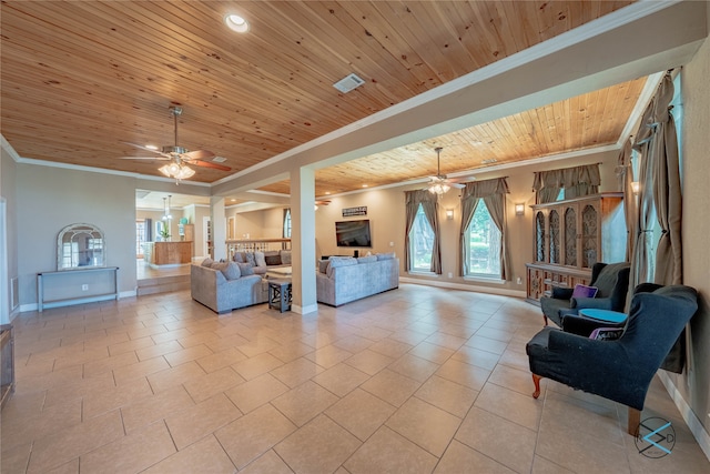 tiled living room with ceiling fan, plenty of natural light, and wood ceiling