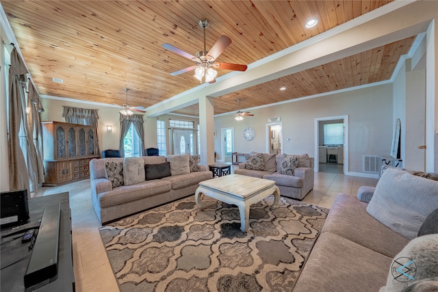 tiled living room with ceiling fan, crown molding, and wooden ceiling