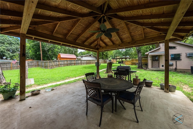 view of patio featuring ceiling fan, a grill, and a gazebo