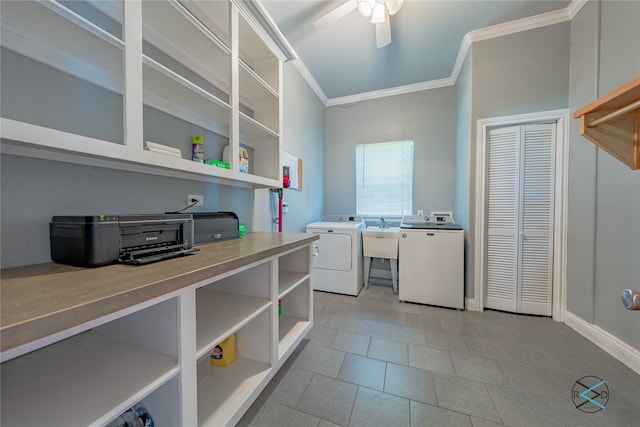 interior space featuring washer and clothes dryer, sink, light tile patterned floors, crown molding, and ceiling fan