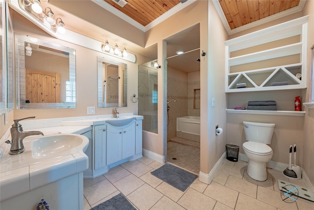 bathroom with double sink vanity, wooden ceiling, ornamental molding, toilet, and tile patterned flooring