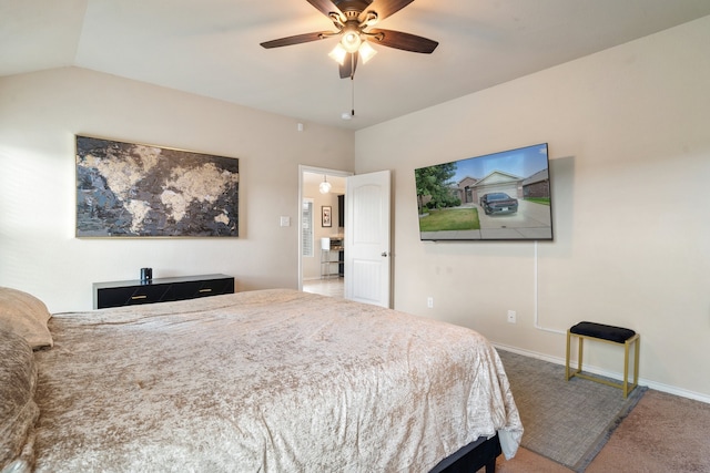 carpeted bedroom with ceiling fan and lofted ceiling