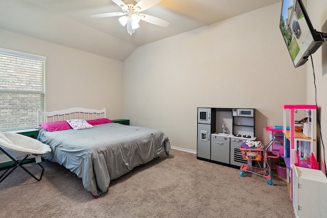 carpeted bedroom featuring ceiling fan and lofted ceiling