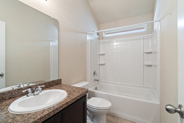 full bathroom featuring shower / bathtub combination, toilet, tile patterned flooring, and vanity