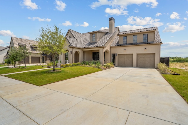 mediterranean / spanish house with a garage and a front lawn