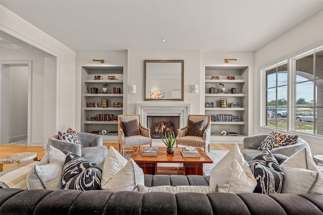 living room featuring hardwood / wood-style flooring and built in features