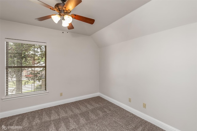 carpeted spare room with lofted ceiling, a healthy amount of sunlight, and ceiling fan