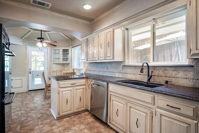 kitchen featuring sink, crown molding, dishwasher, kitchen peninsula, and backsplash