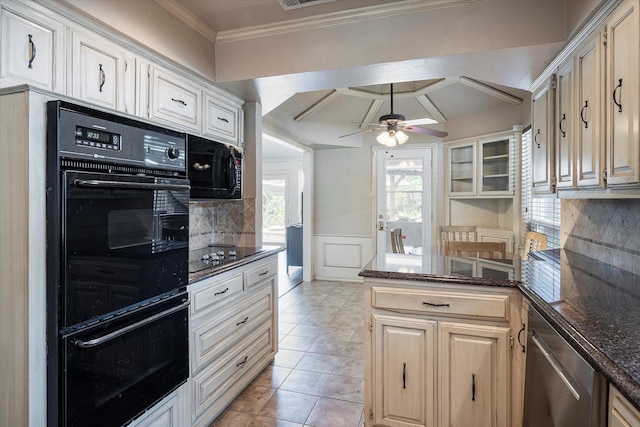 kitchen featuring crown molding, black appliances, kitchen peninsula, and dark stone counters