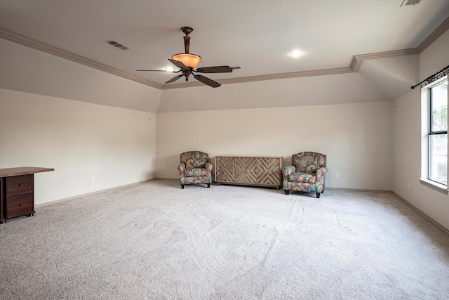 hall featuring a skylight, light carpet, and crown molding